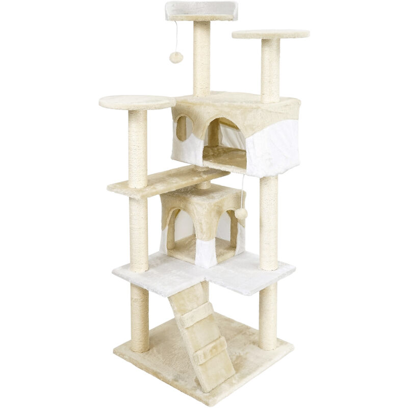 Árbol rascador beige / blanco 130cm para gatos con plataformas y refugios para escalar postes sisal