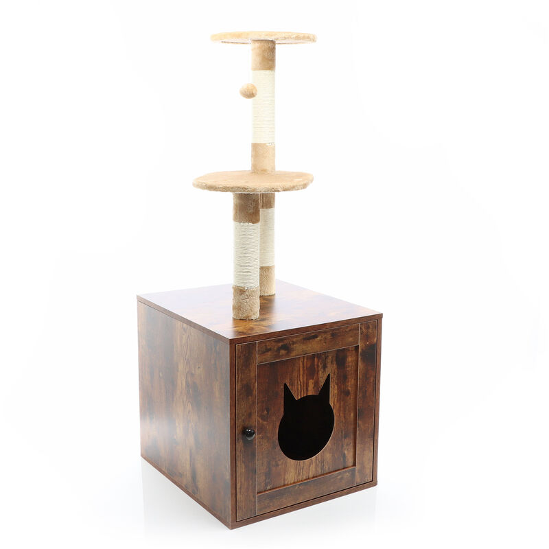 Fudajo Árbol rascador con caja de madera marrón mueble multifuncional rascador arenero para gatos