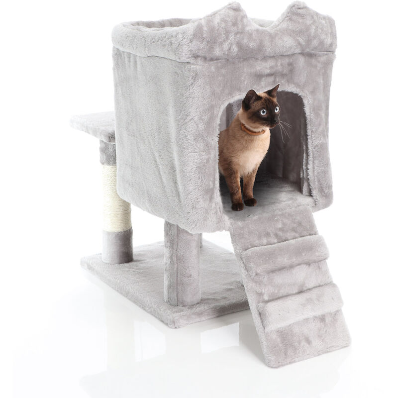 Fudajo Árbol rascador para gatos en gris claro 60cm con casa para gatos plataforma poste sisal bola