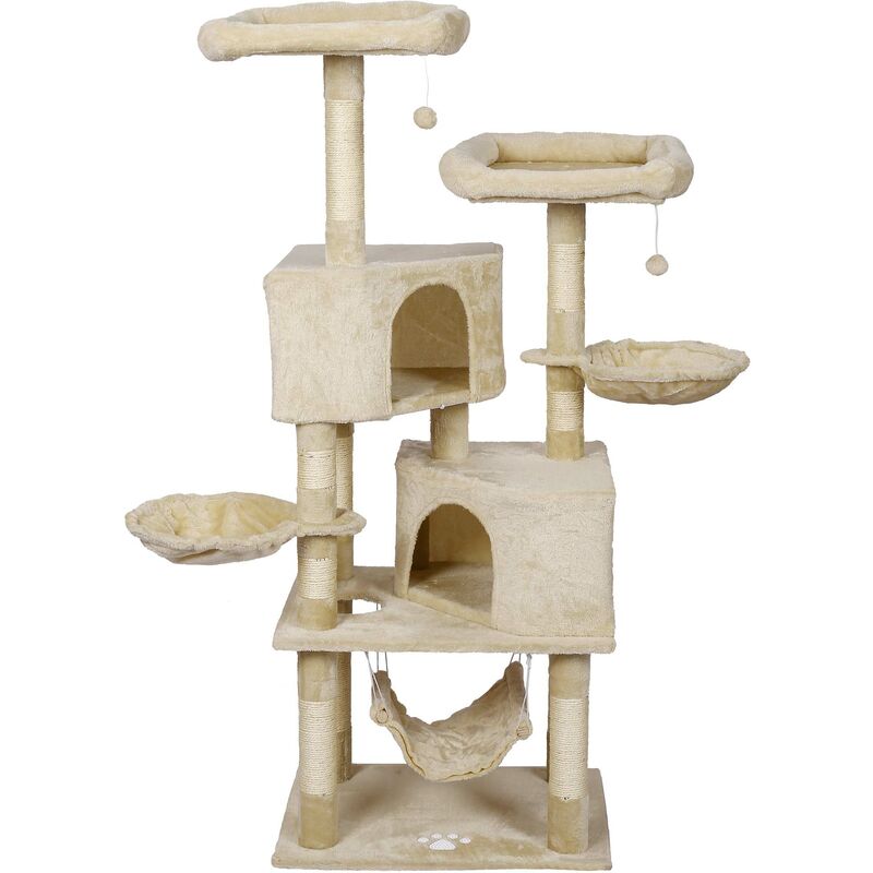 Árbol rascador beige 148 cm diseñado con huella de gato postes, hamacas, cuevas y bolas de juego