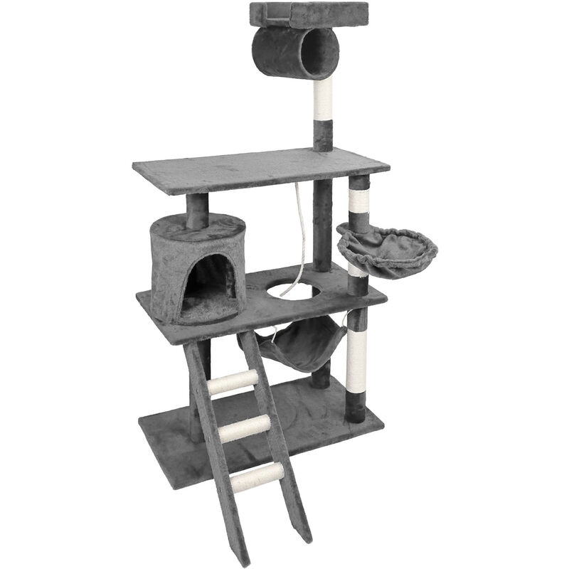 Árbol rascador para gatos gris 141cm con plataformas y cueva poste de sisal para escalar