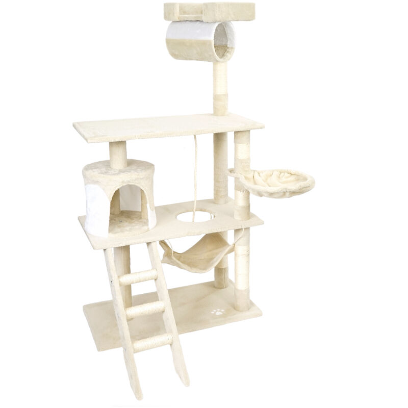 Árbol rascador para gatos beige / blanco 141 cm con plataformas y cueva poste de sisal para escalar