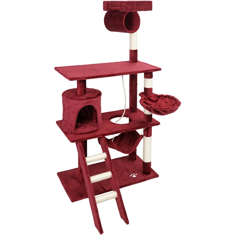 Árbol rascador para gatos rojo 141cm con plataformas y cueva poste de sisal para escalar