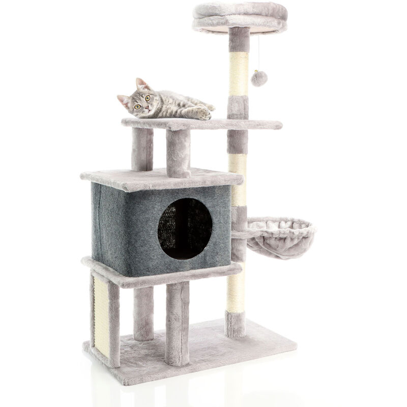 Fudajo Árbol rascador para gatos en gris claro 112cm con casa y superficies de reposo postes sisal