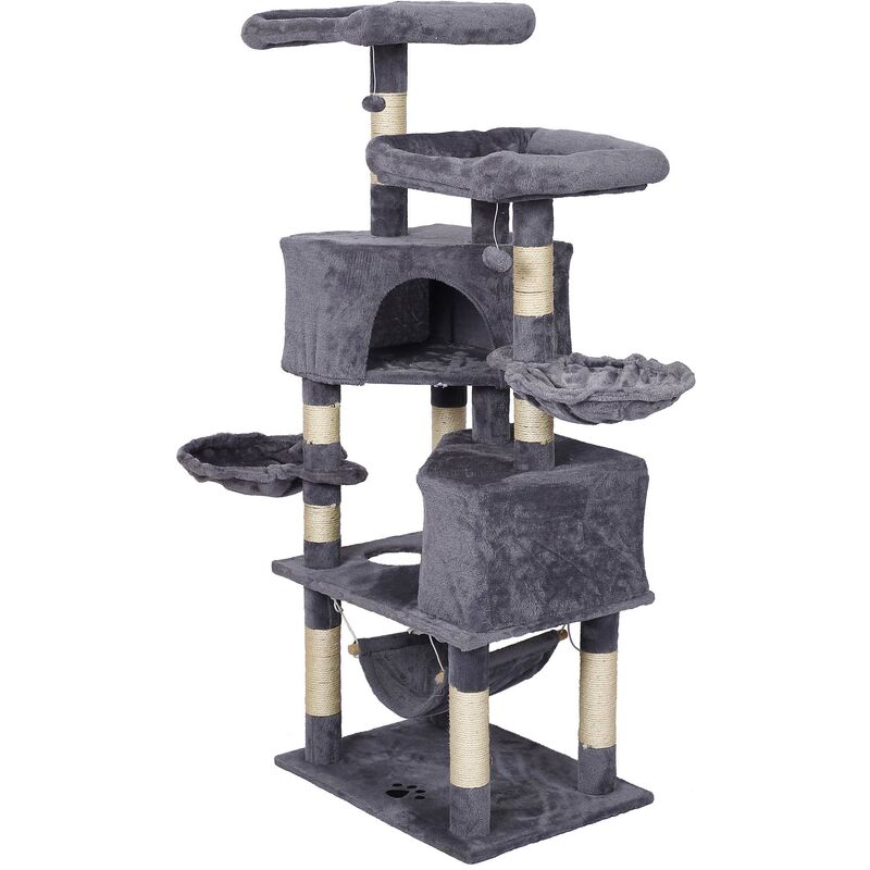 Árbol rascador gris claro 148 cm diseñado con huella de gato hamacas, cuevas y bolas de juego