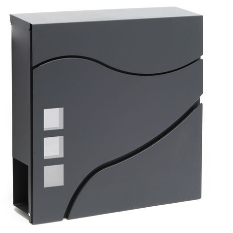 Wiltec Buzón de diseño V28 antracita 370 x 105 x 370 mm, de pared con cerradura y hueco para el periódico, de acero con recubrimiento en polvo
