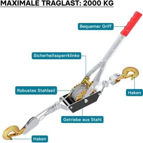 Cabrestante manual de palanca con 2 ganchos carga máx. 2000 kg cable de 2,2m