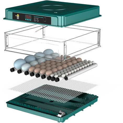 Fudajo Incubadora automática para 48 huevos 80 W con giro automático, control de temperatura y humedad, lámpara ovoscopio y conexión a energía de emergencia, ideal para gallinas, patos y codornices