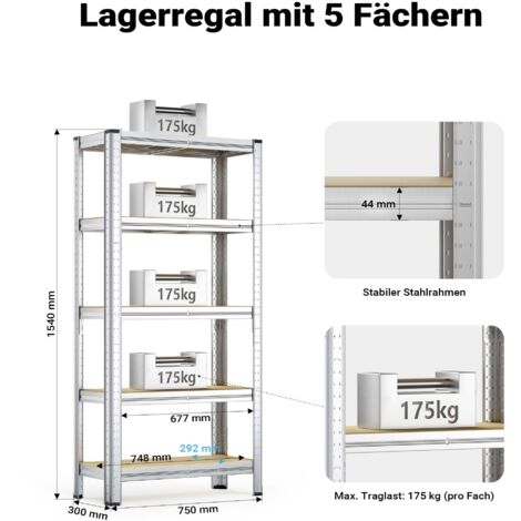 Wiltec Estantería para cargas pesadas zincada 154x75x30cm enchufable acero 875kg 5 baldas taller