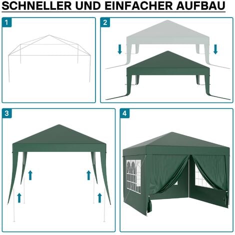 Wiltec Carpa de jardín 3 x 3 m verde con protección UV 50+, pabellón de jardín con laterales desmontables, cenador con ventanas para exterior