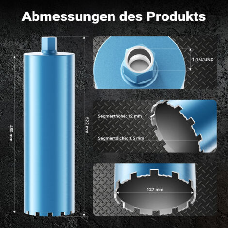 Wiltec diamantboor 127 mm type 1 (shark), boorkroon 450 mm, betonboor 1¼ UNC, natboor, boor voor graniet, steen
