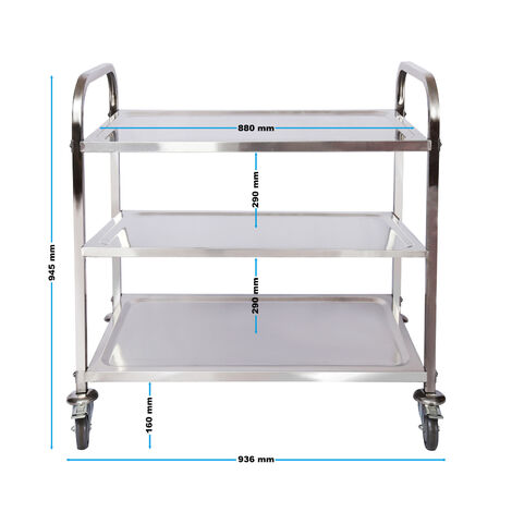 Carro de servicio de acero inoxidable 3 Niveles 150kg Carrito cocina Carrito té Camarera Con frenos