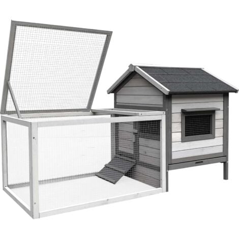 Conejera de madera gris claro 146x75x83cm, caseta roedores y corral