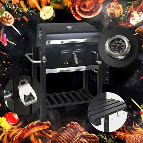 Wiltec Barbacoa carbon vegetal móvil con tapa, estante, trampilla, altura de brasas regulable, termómetro, grill asador parrilla BBQ
