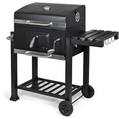 Wiltec Barbacoa carbon vegetal móvil con tapa, estante, trampilla, altura de brasas regulable, termómetro, grill asador parrilla BBQ