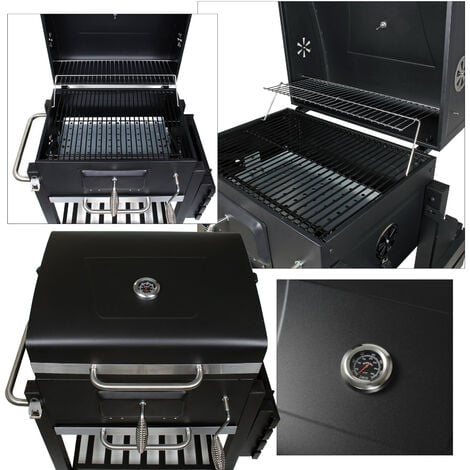 Wiltec Barbacoa carbon vegetal móvil con tapa, estante, trampilla, altura de brasas regulable, termómetro, grill asador parrilla BBQ