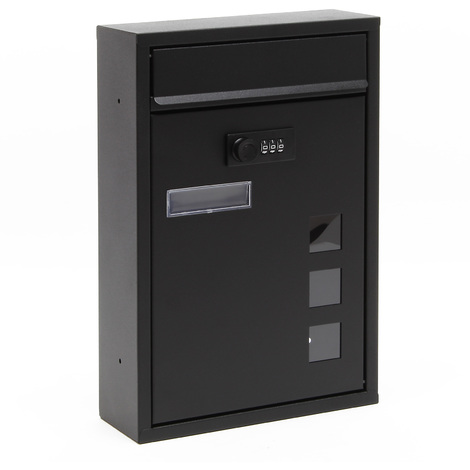 Wiltec Buzón negro 215 x 320 x 90 mm de acero recubrimiento de polvo con cerradura de combinación, placa identificativa y mirillas