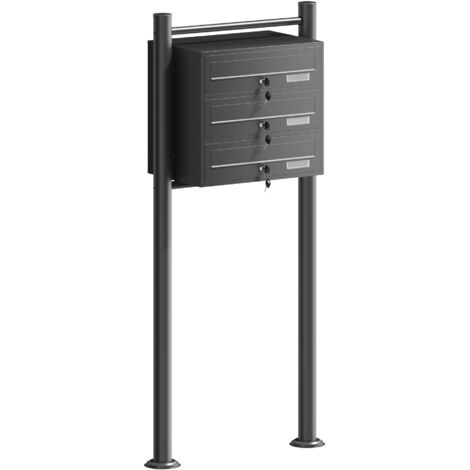 Wiltec Sistema de 3 buzones color negro acero galvanizado resistente a la intemperie con cerraduras de cilindro y llaves instalación independiente espacio amplio para cartas y paquetes pequeños (1/5)