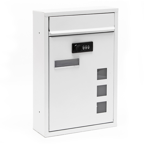 Wiltec Buzón blanco 215 x 320 x 90 mm de acero recubrimiento de polvo con cerradura de combinación, placa identificativa y mirillas