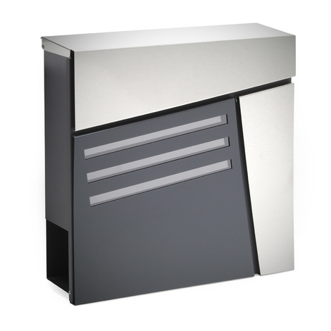 Wiltec Buzón de diseño V25 antracita y acero inoxidable 370 x 105 x 370 mm, buzón de pared con cerradura, mirillas y rollo de periódico, acero con recubrimiento en polvo
