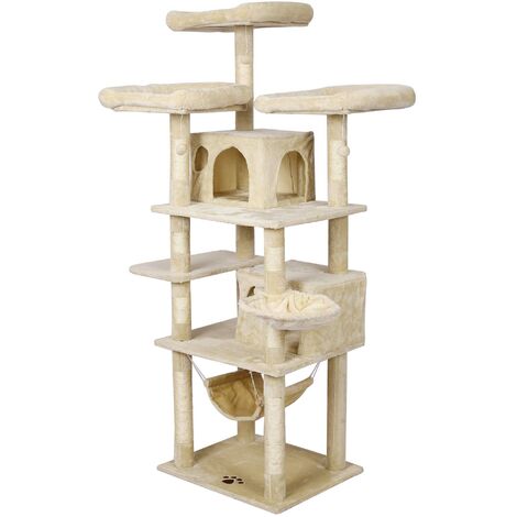 Árbol rascador beige 172 cm diseñado con huella de gato postes, hamacas, cuevas y bolas de juego