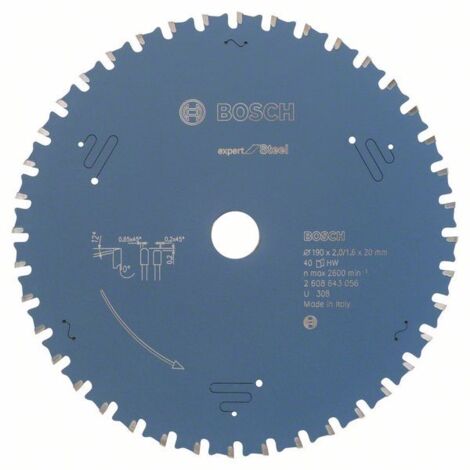 Bosch – Lame de scie circulaire 190 mm – Alésage 20 mm – 40 dents carbure pour acier – Coupe précise et silencieuse