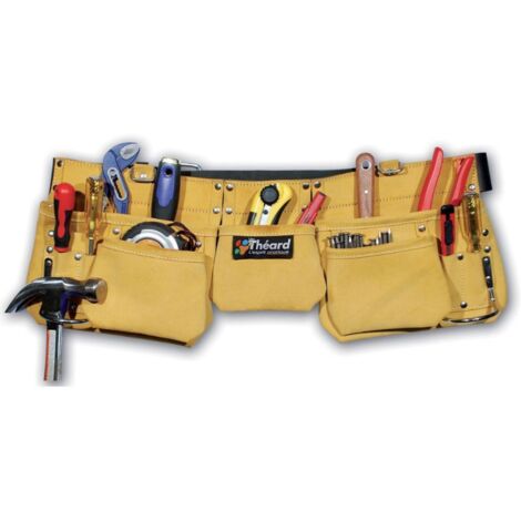 Poche à outils cuir et daim 9 poches – Ceinture intégrée – 2 anneaux métalliques pour marteau – Bretelles ajustables