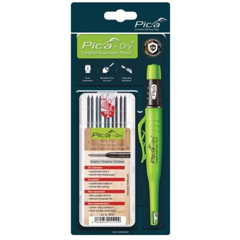 Marqueur automatique noir intense – Mine graphite pour surfaces humides et rugueuses – Taille-crayon intégré – 10 mines de rechange H – Pica