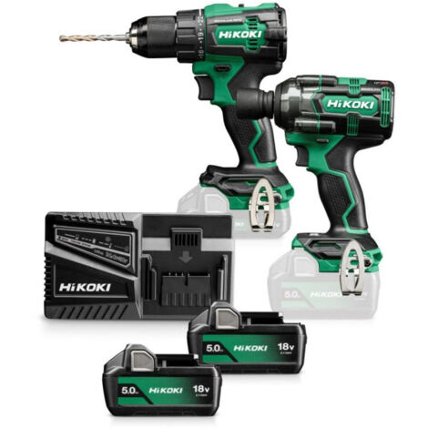 Hikoki – Pack de 2 outils électroportatifs 18V avec 2 batteries 5Ah – Perceuse DV18DE et visseuse à choc WR18DE – Coffret HSC III inclus
