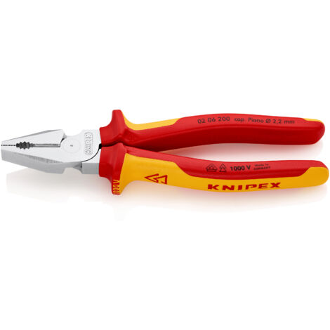 KNIPEX 02 06 200 SB Pince universelle à forte démultiplication isolées par gaines bi-matière, certifiées VDE chromée 200 mm