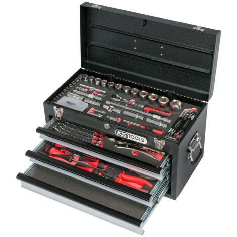 KS Tools - Coffre à outils 114pcs 3 tiroirs et plateau - Coffret multi outils clé, tournevis, douilles - 922.0100