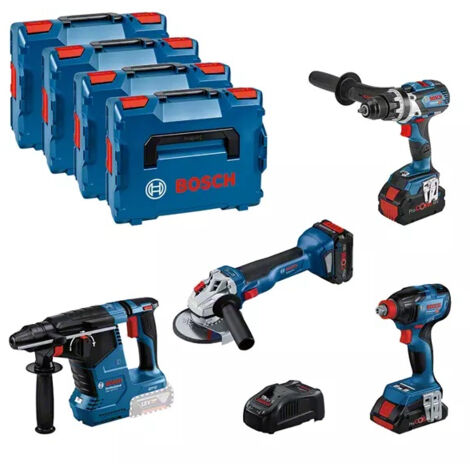 Bosch – Pack de 4 outils électroportatifs 18V – Perceuse-visseuse GSR 18V-110 C, visseuse à chocs GDX 18V-210 C, meuleuse GWS 18V-10, perforateur GBH 18V-24 C – 2 batteries 5,5Ah