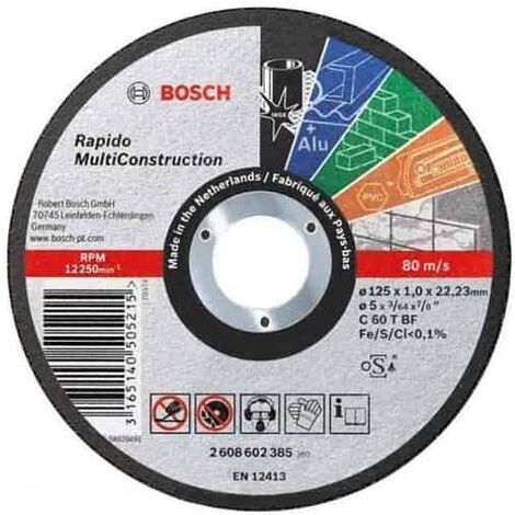 Bosch – Disque abrasif multi matériaux 125mm – Grain fin 1,6mm – Alésage 22,23mm – Pour acier inoxydable et plastiques – Coupe précise et rapide - 2608602383