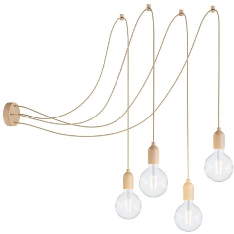 Lampe suspendue multiple Spider avec 4 gouttes – Câble textile et garniture en bois – Design Made in Italy pour intérieur chaleureux – Creative Cables