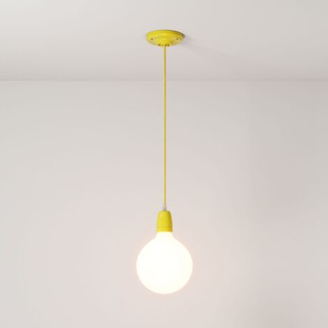 creative cables - Lampe suspendue fabriquée en Italie avec câble textile et garniture en porcelaine colorée