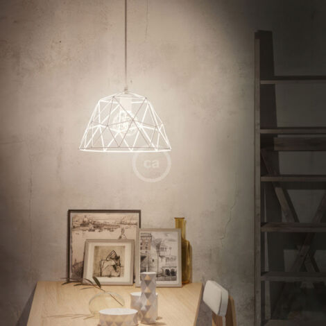 Suspension fabriquée en Italie avec câble textile, abat-jour Dome et finition en métal - complète avec ampoule Sans ampoule - Blanc - Matter ON/OFF (1/5)