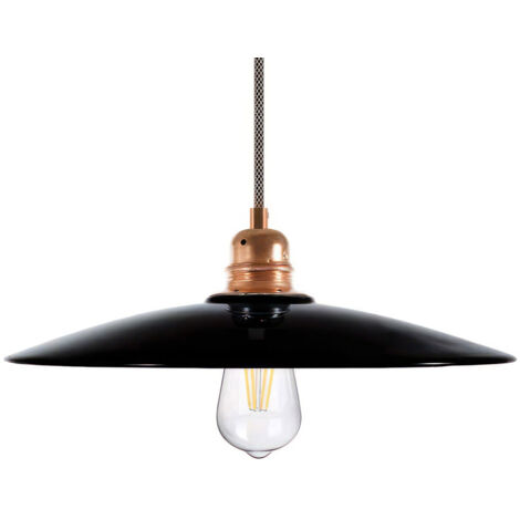 Suspension fabriquée en Italie avec câble textile, abat-jour en céramique Plat et finition en métal - complète avec ampoule Avec ampoule - Noir - Cuivre - Matter ON/OFF (1/5)