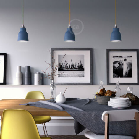 creative cables - Lampe suspendue fabriquée en Italie avec câble textile, abat-jour en céramique, vase et garniture métallique