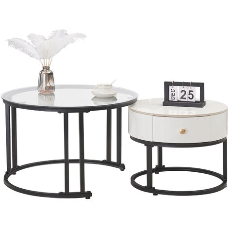 Lot de 2 Tables Basses Rondes VASAGLE, Style Moderne, Plateau Amovible,  Cadre en Acier, Blanc et Noir - Cdiscount Maison