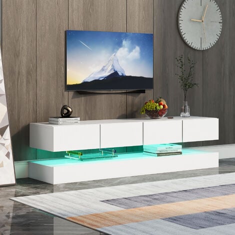 Meuble TV 130 cm avec éclairage LED, 4 tiroirs, meuble TV suspendu, 130 x  33 x 15 cm - Blanc