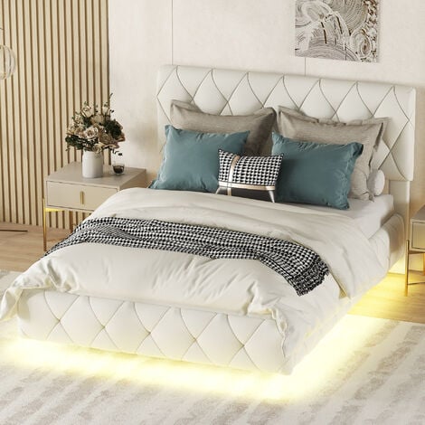 Lit double 140x200cm, avec éclairage LED, cuir PU, tête de lit réglable en hauteur, lit rembourré adulte - Beige