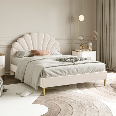 Lit double capitonné 140x200cm, avec tête de lit fleurie, sommier à lattes, velours, style scandinave - Beige