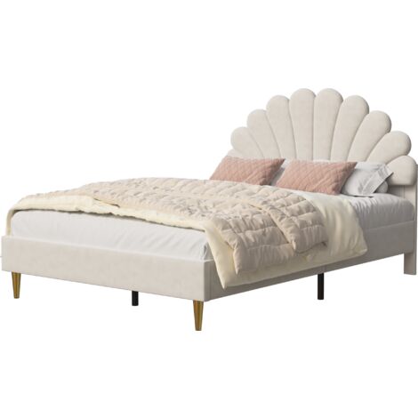 Lit double capitonné 140x200cm, avec tête de lit fleurie, sommier à lattes, velours, style scandinave - Beige