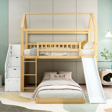 Lit cabane lit superposé avec échelle à angle droit et toboggan lit  d'enfant naturel+blanc (90x200 cm) YCFR000605 - Conforama