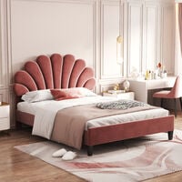 Lit double capitonné 140x200cm, avec tête de lit fleurie, sommier à lattes, velours, style scandinave - Rouge