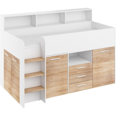 Letto a soppalco con scrivania NEO diritta bianco / rovere sonoma