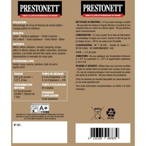 Enduit de Rebouchage Blanc PRESTONETT R en Pâte en Tube 330 G pour  Intérieur et Extérieur