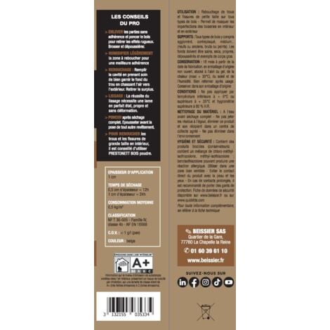 Enduit de Rebouchage et Lissage Bois 2 en 1 PRESTONETT BOIS en Pâte en Tube 330 G pour Intérieur et Extérieur