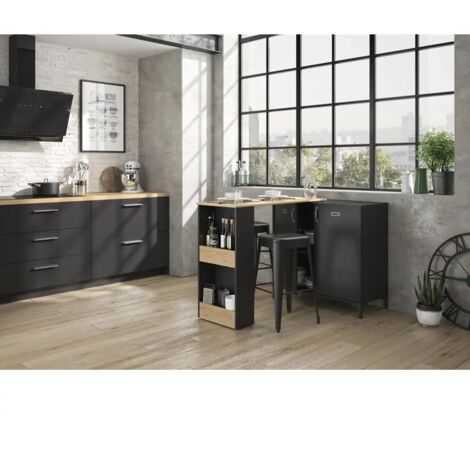 Buffet Cuisine Avec Plan De Travail Et LED - Armoire Haute 6 Portes, Noir, Rangement Et Barre De Prises