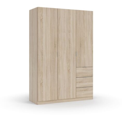 Befara – Armoire 3 portes et tiroirs Andromeda – Chêne mélaminé – Dimensions 135x52x200 cm – Poignées en aluminium – Étagères réglables